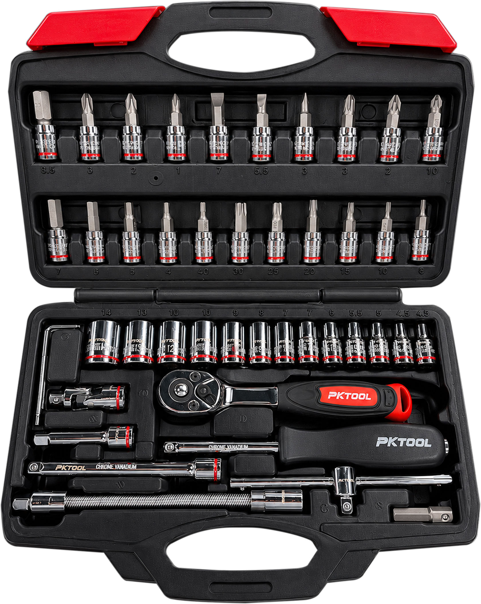 46pc 1/4″ Dr Socket, Ratchet & Bits Set