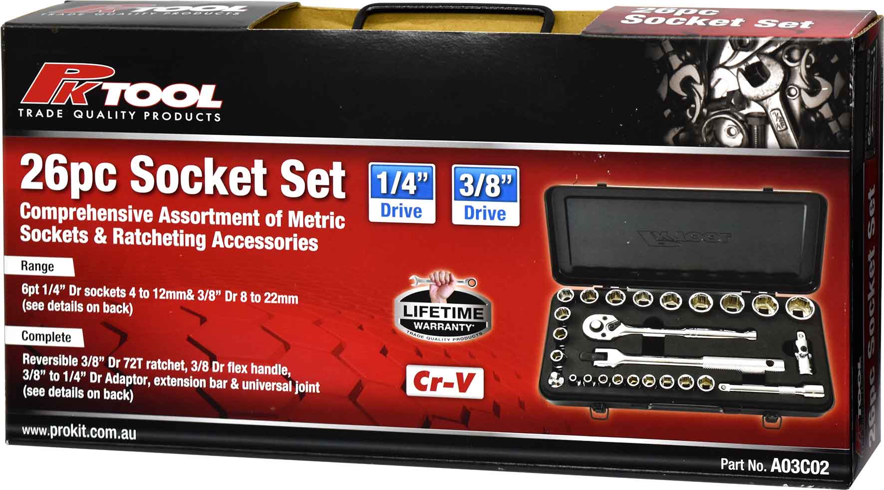 26pc 1/4” & 3/8” Hex Dr Socket Set