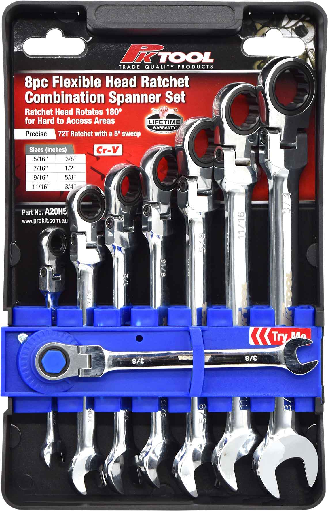 8pc SAE Flexible Head Ratchet Combination Spanner Set