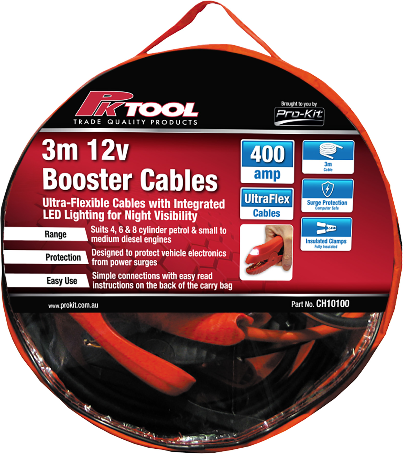 3m 12V Booster Cables with LED Lights 400amp