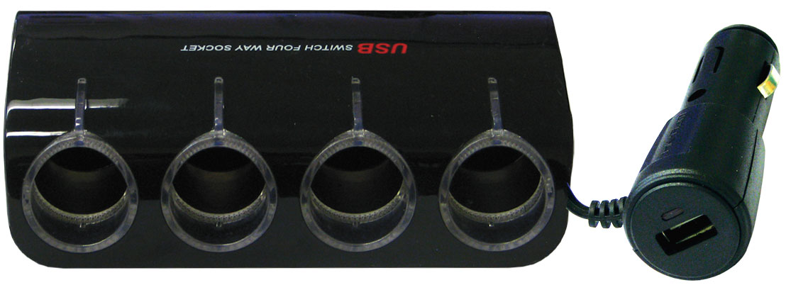 QUADRUPLE CIGARETTE LIGHTER SOCKET with ONE USB & ON/OFF SWITCHES