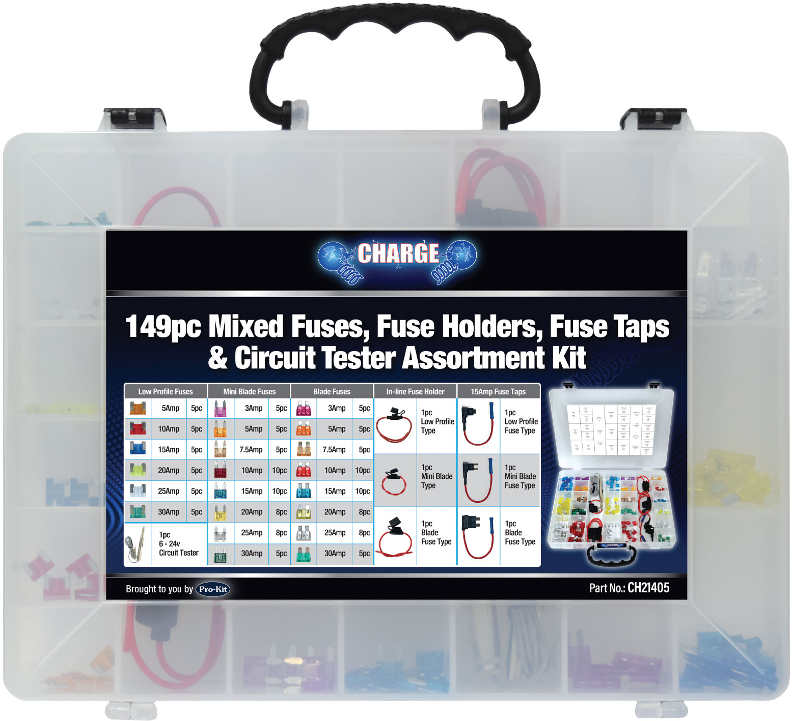 149pc Mixed Blade, Mini Blade & Low Profile Fuse Kit With Circuit Tester, Fuse Taps & Holders