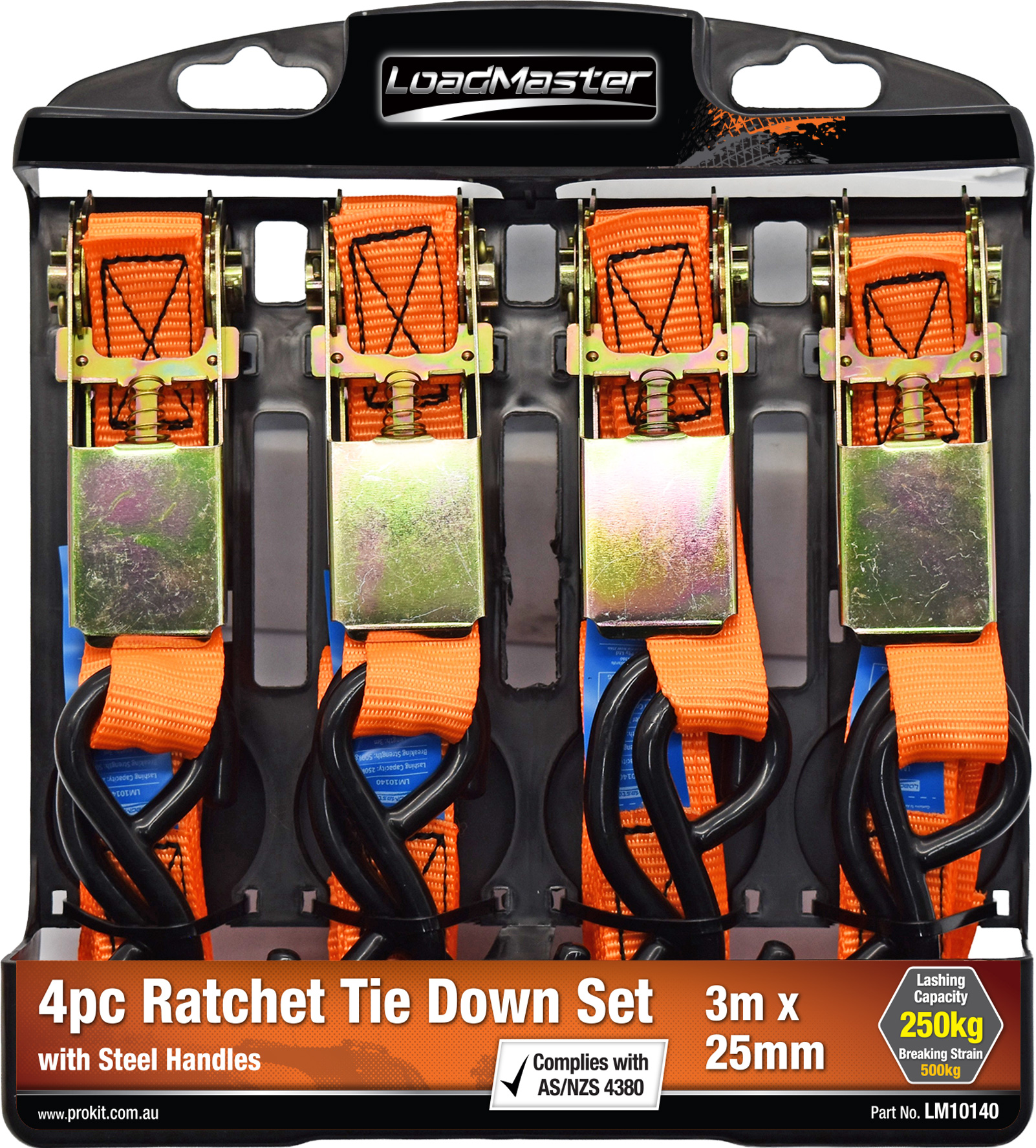 4pc 25mm x 3m Ratchet Tie Down Set with Metal Handles & S Hooks