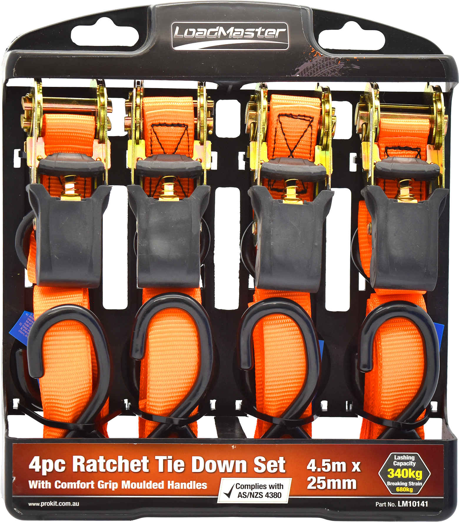 4pc 25mm x 3m Ratchet Tie Down Set with Moulded Handles & S Hooks