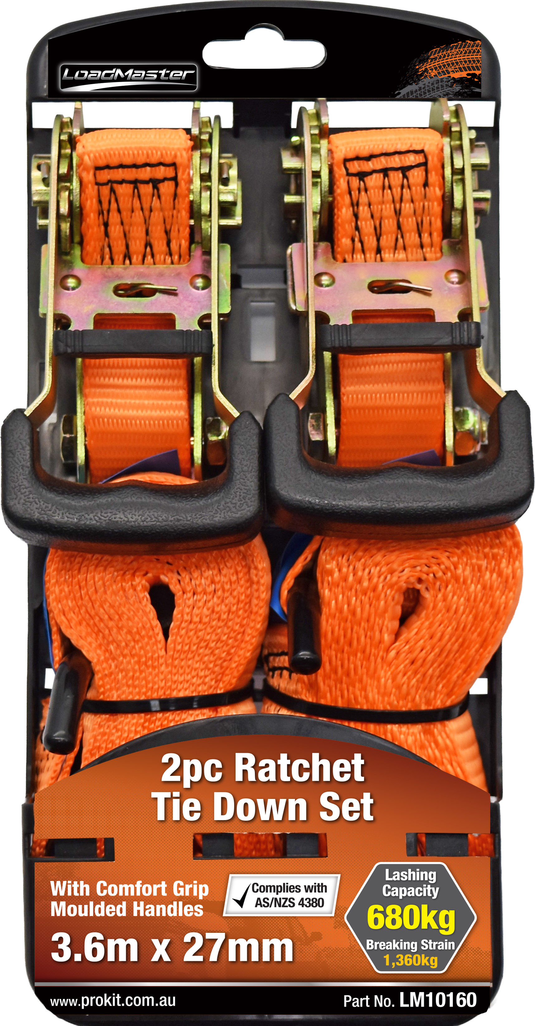 2pc 27mm x 3.6m Ratchet Tie Down Set with Moulded Handles & S Hooks