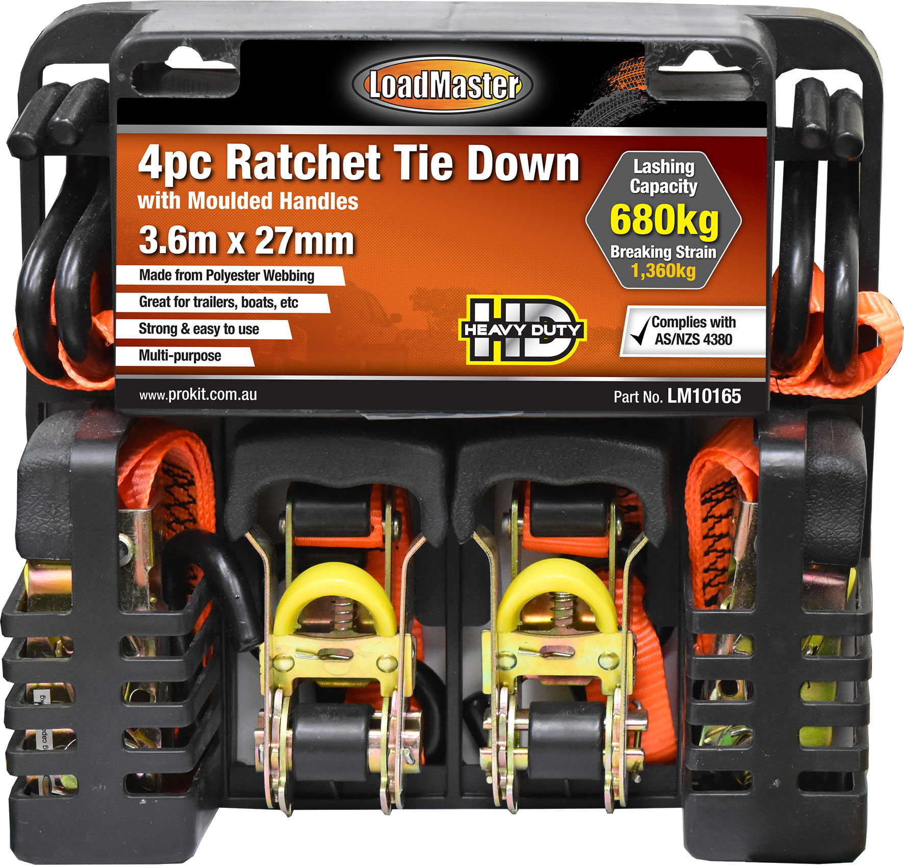 4pc 27mm x 3.6m Ratchet Tie Down Set with Moulded Handles & S Hooks