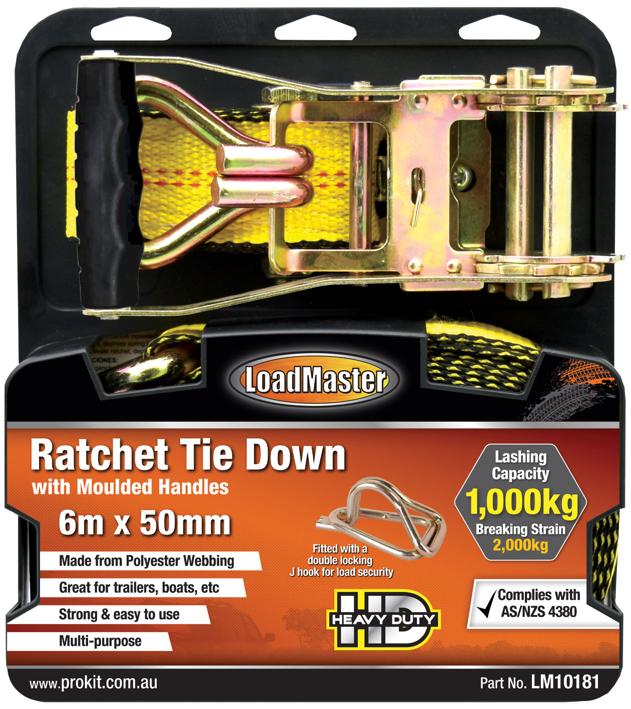 50mm x 6m Ratchet Tie Down with Moulded Handles & J Hooks