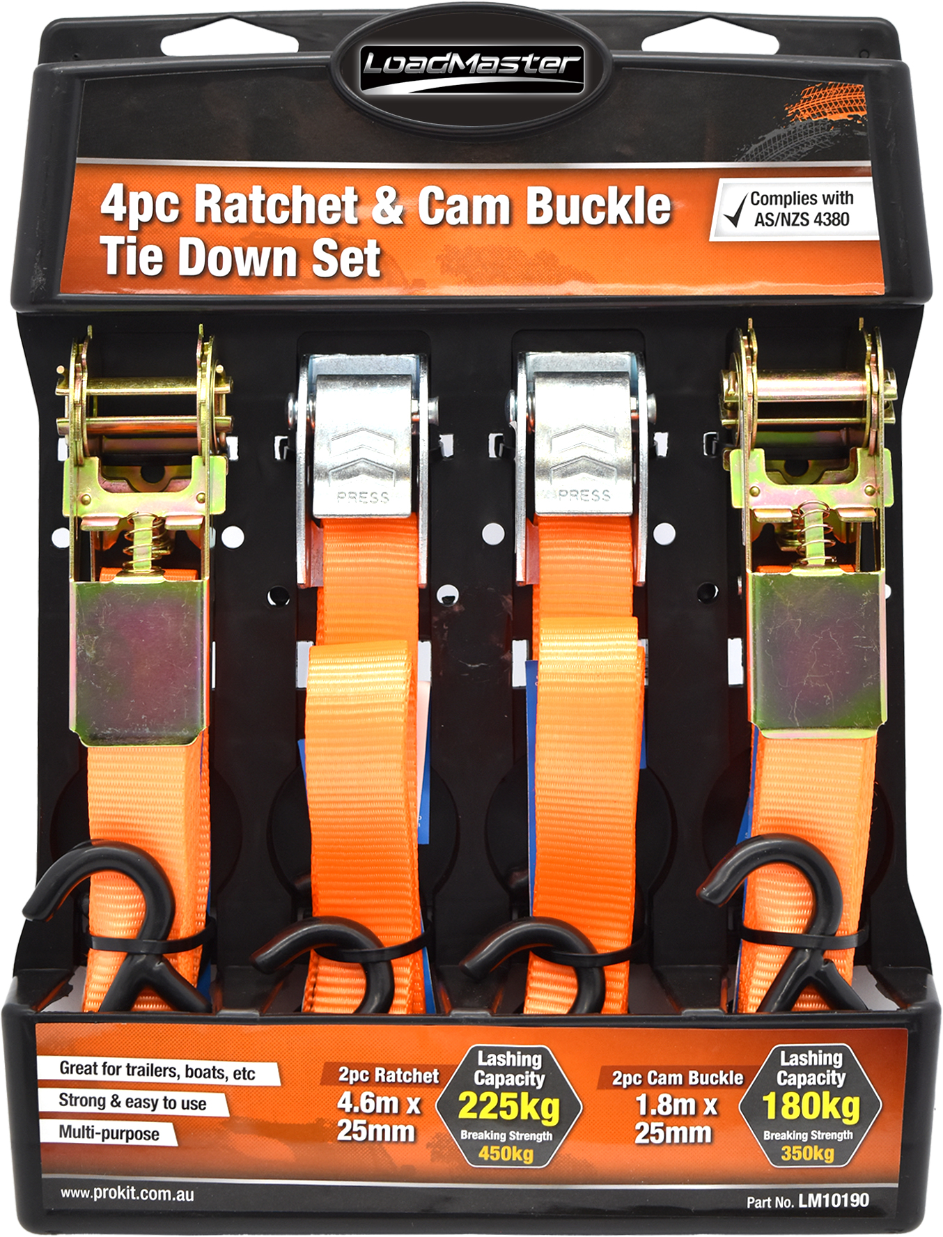 4pc 25mm Mixed Tie Down Set with 1.8m Cam Buckle & 4.6m Ratchet
