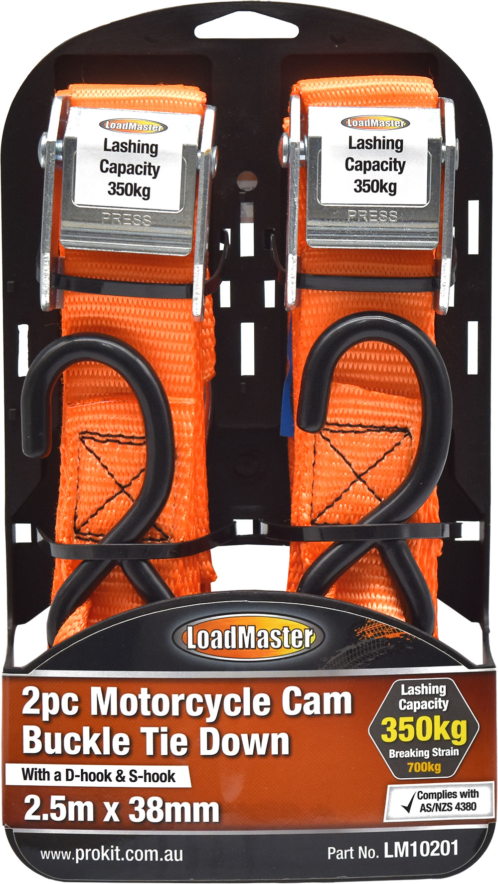 2pc 2.5m x 38mm Motorcycle Cam Buckle Tie Down Set with D & S Hooks
