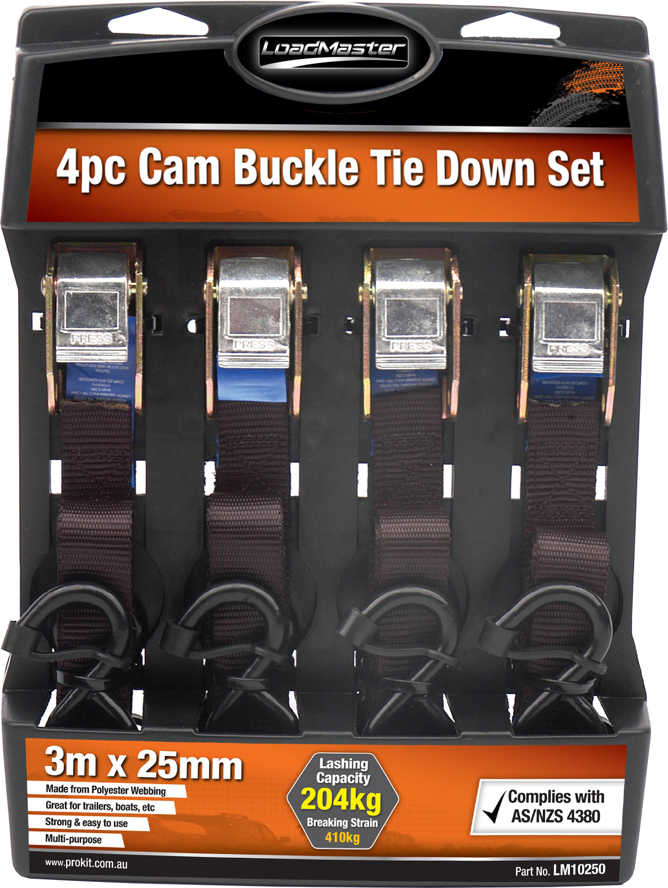 4pc 25mm x 3m Cam Buckle Tie Down Set
