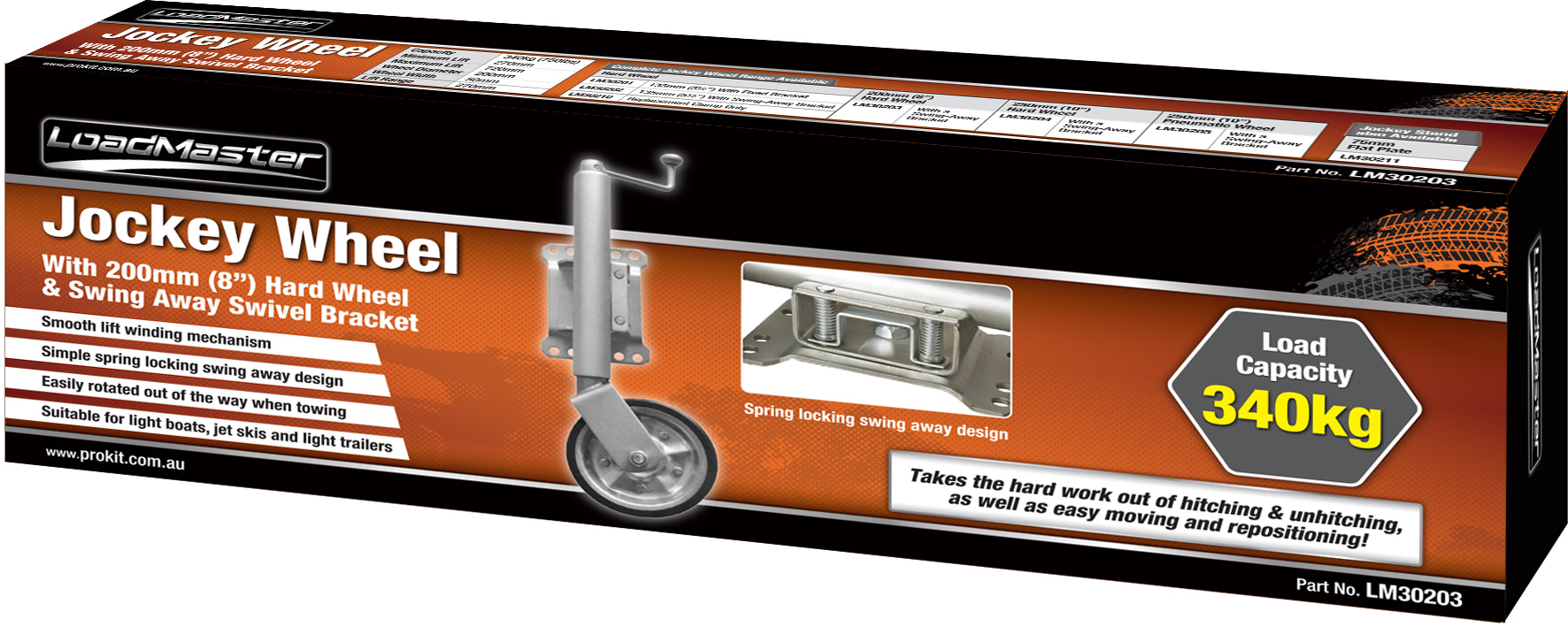 Jockey Wheel with 200mm Hard Wheel & Swing Away Swivel Bracket