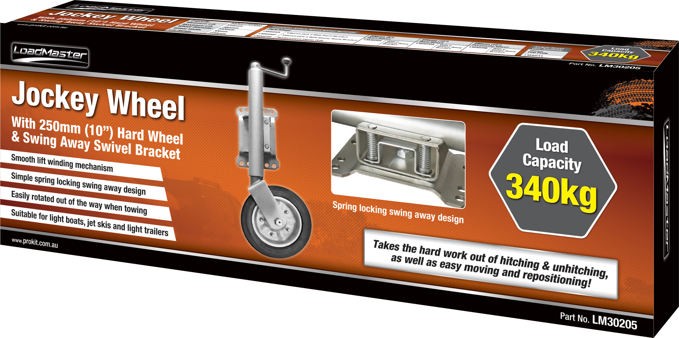 Jockey Wheel with 250mm Hard Wheel & Swing Away Swivel Bracket
