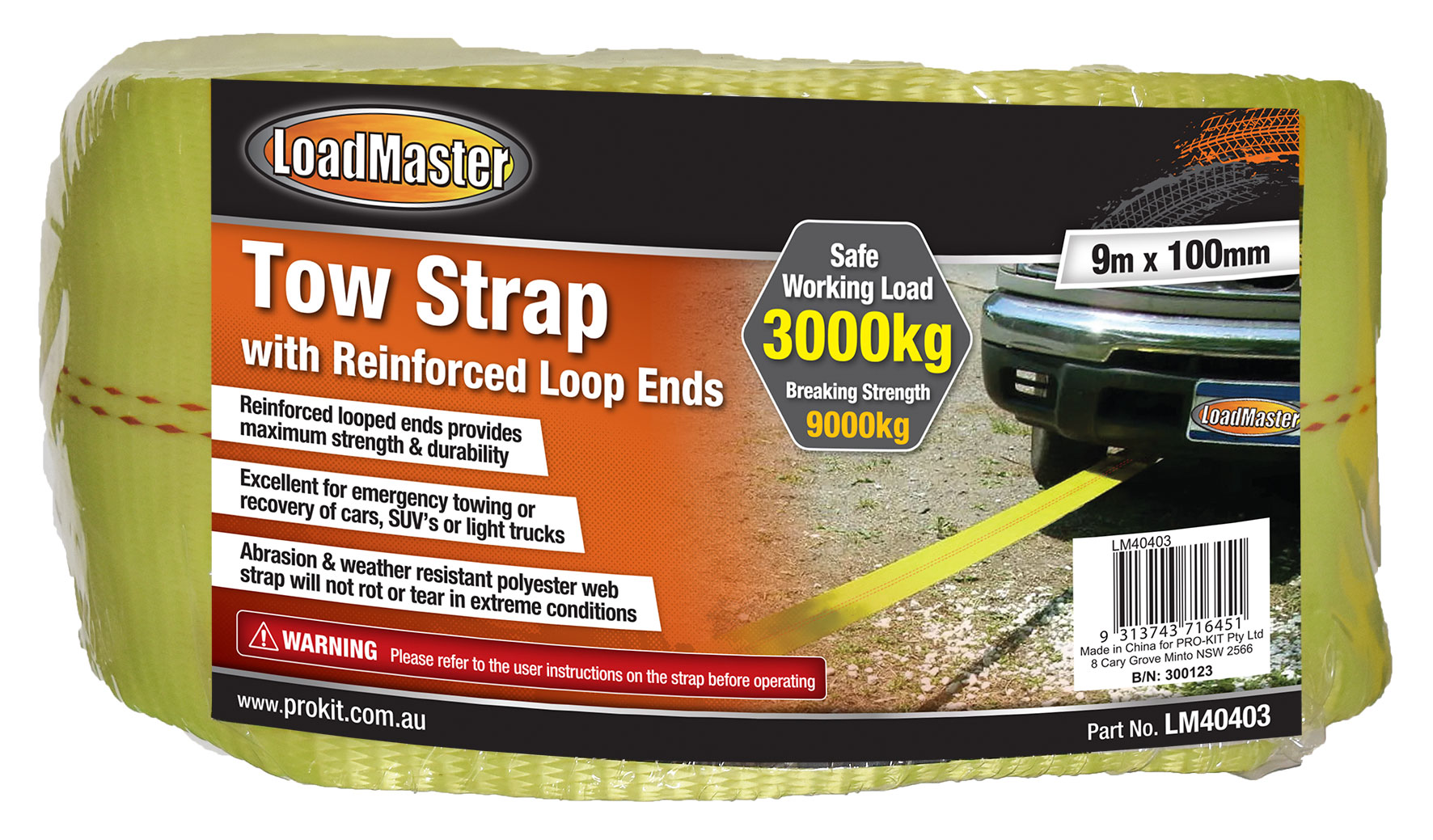 100mm x 9m Tow Strap With Reinforced Loop Ends