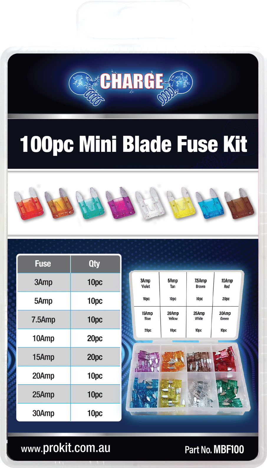 100pc Mixed Mini Blade Fuse Kit