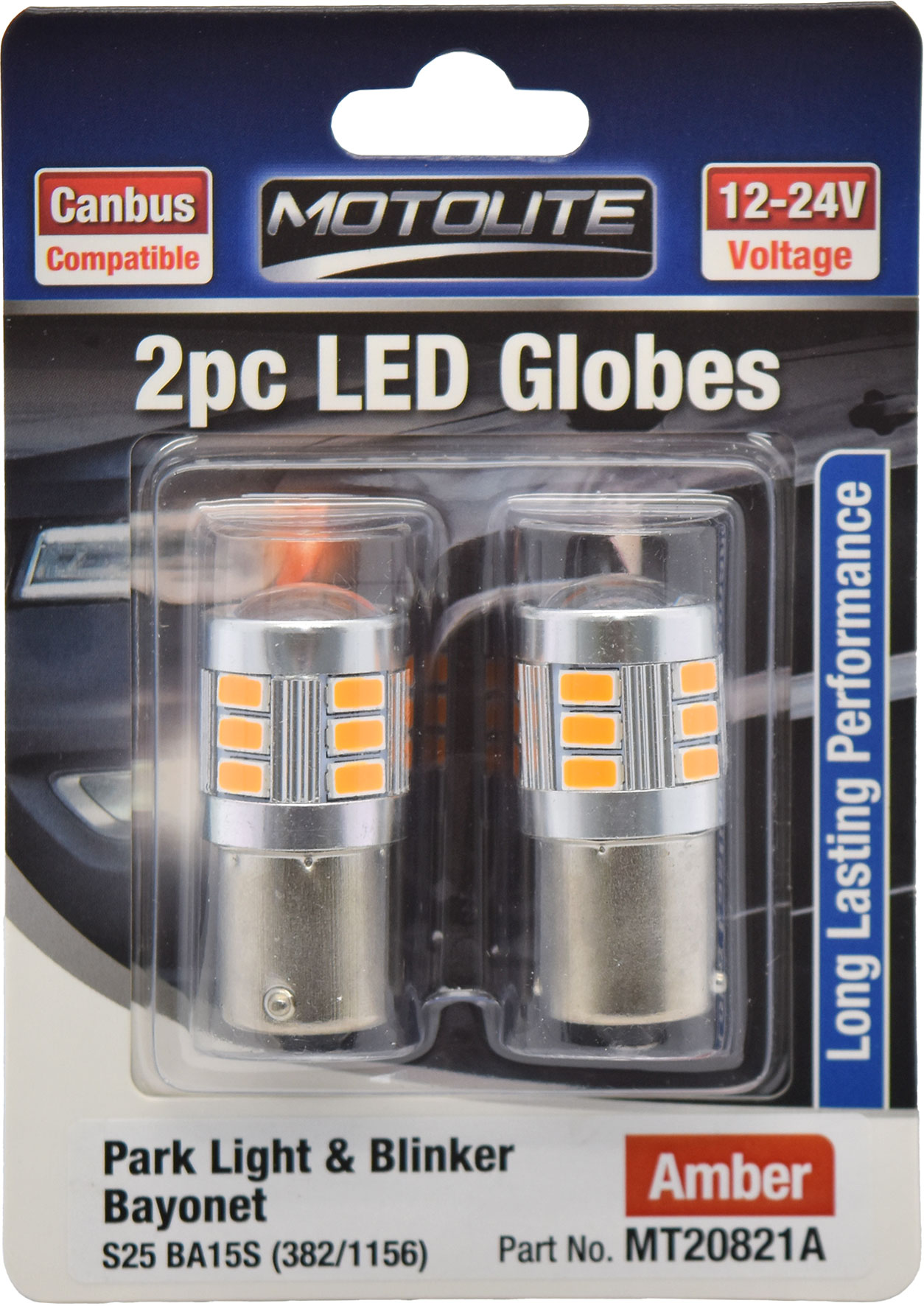 2pc LED Globes S25 BA15S (382/1156) Amber
