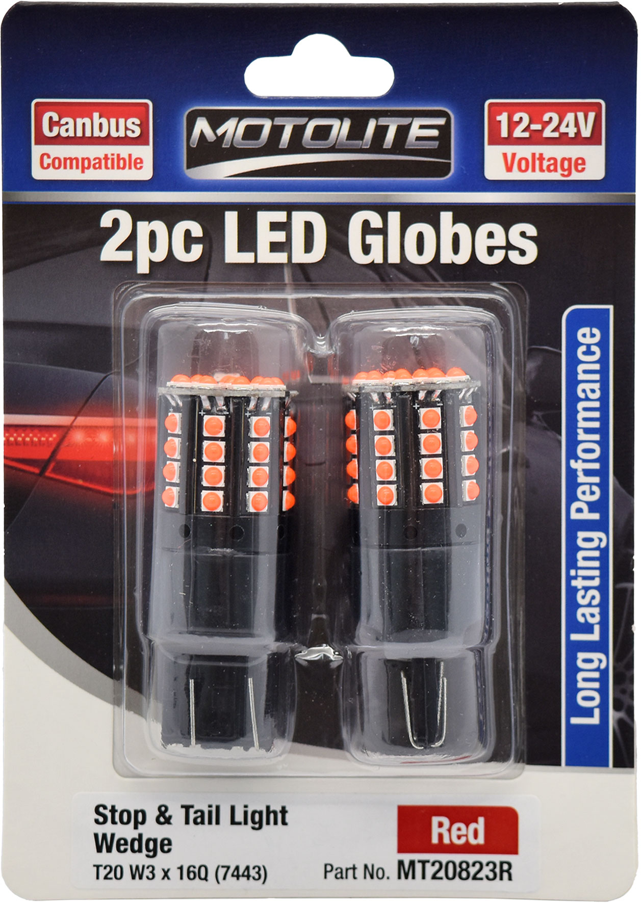 2pc LED Globes T20 W3 x 16D (7440) Red
