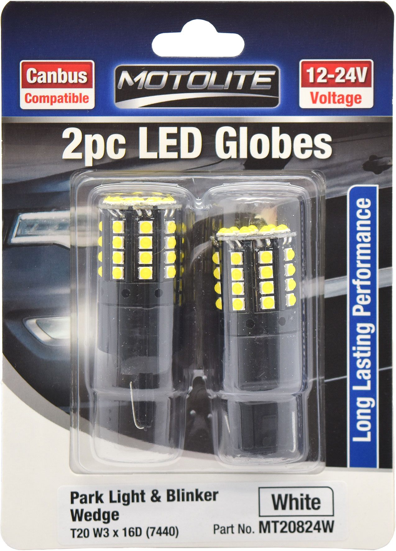 2pc LED Globes T20 W3 x 16Q (7443) White