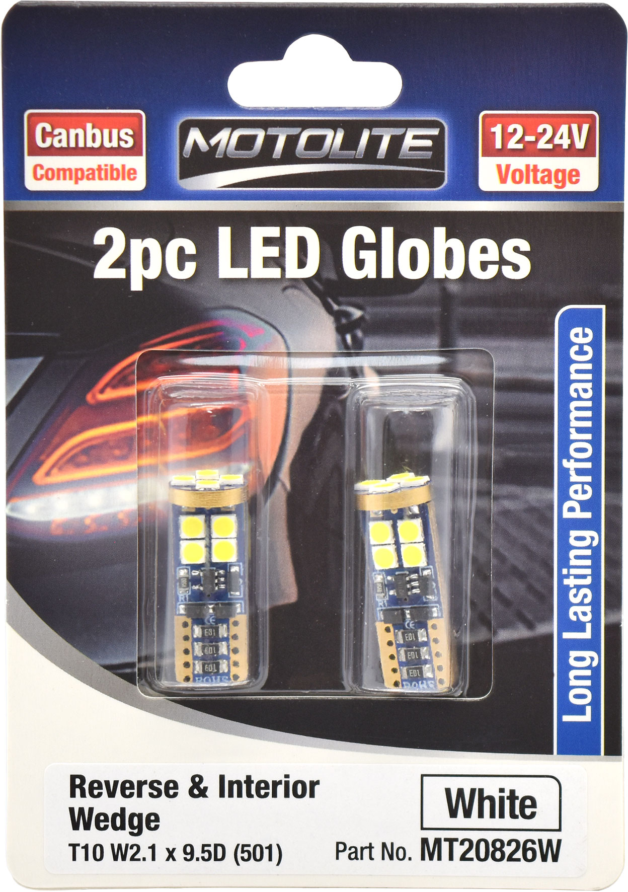 2pc LED Globes T10 W2.1 x 9.5D (501) White