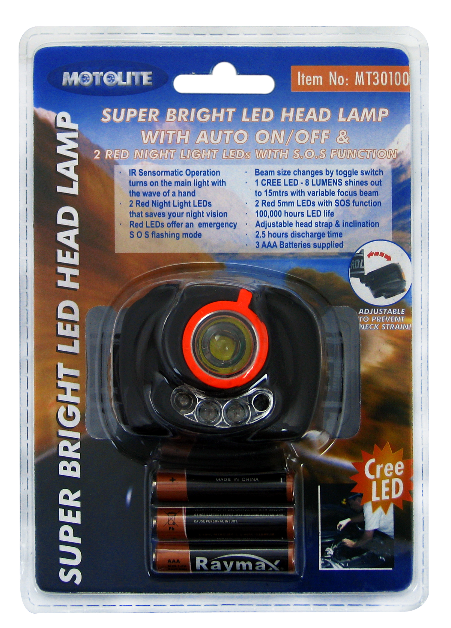 TORCH – HEAD LAMP 1LED WITH AUTO ON/OFF, 2LED WARNING LIGHTS