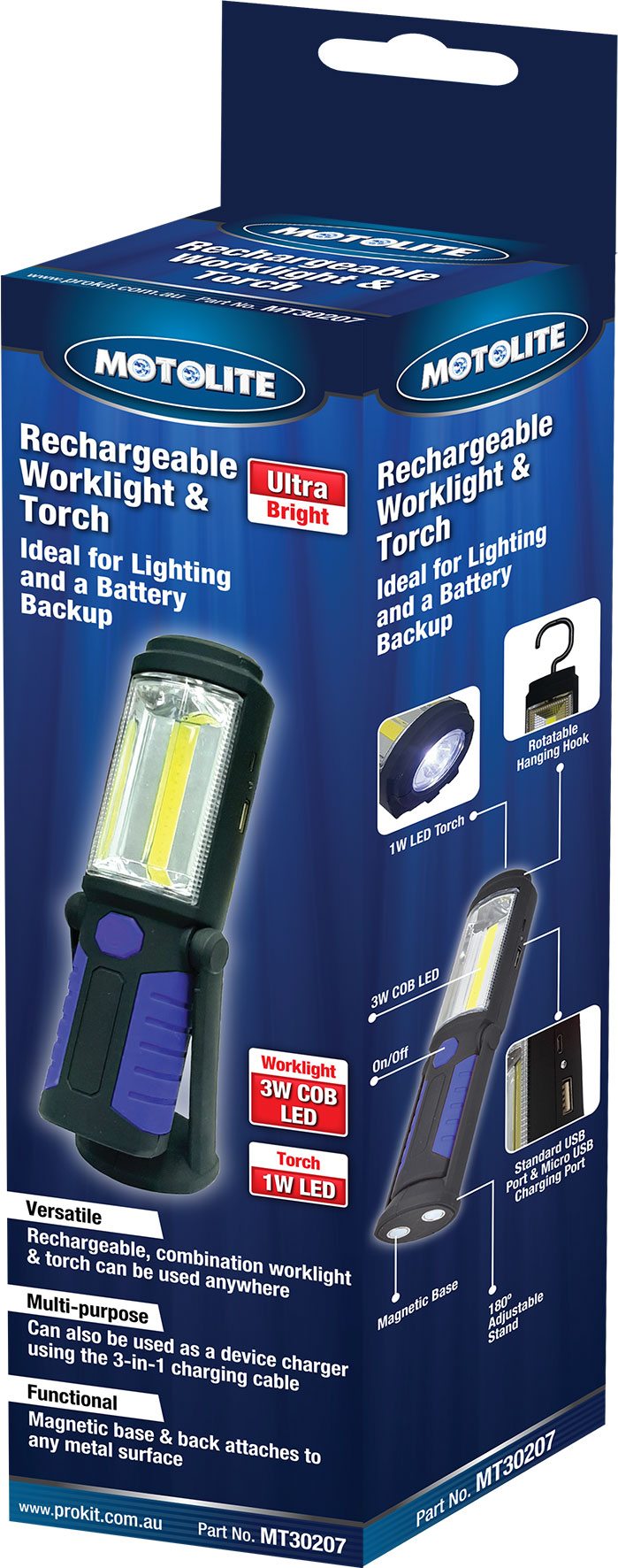 215mm 3W Cob Led Rechargeable Worklight with 1W Torch