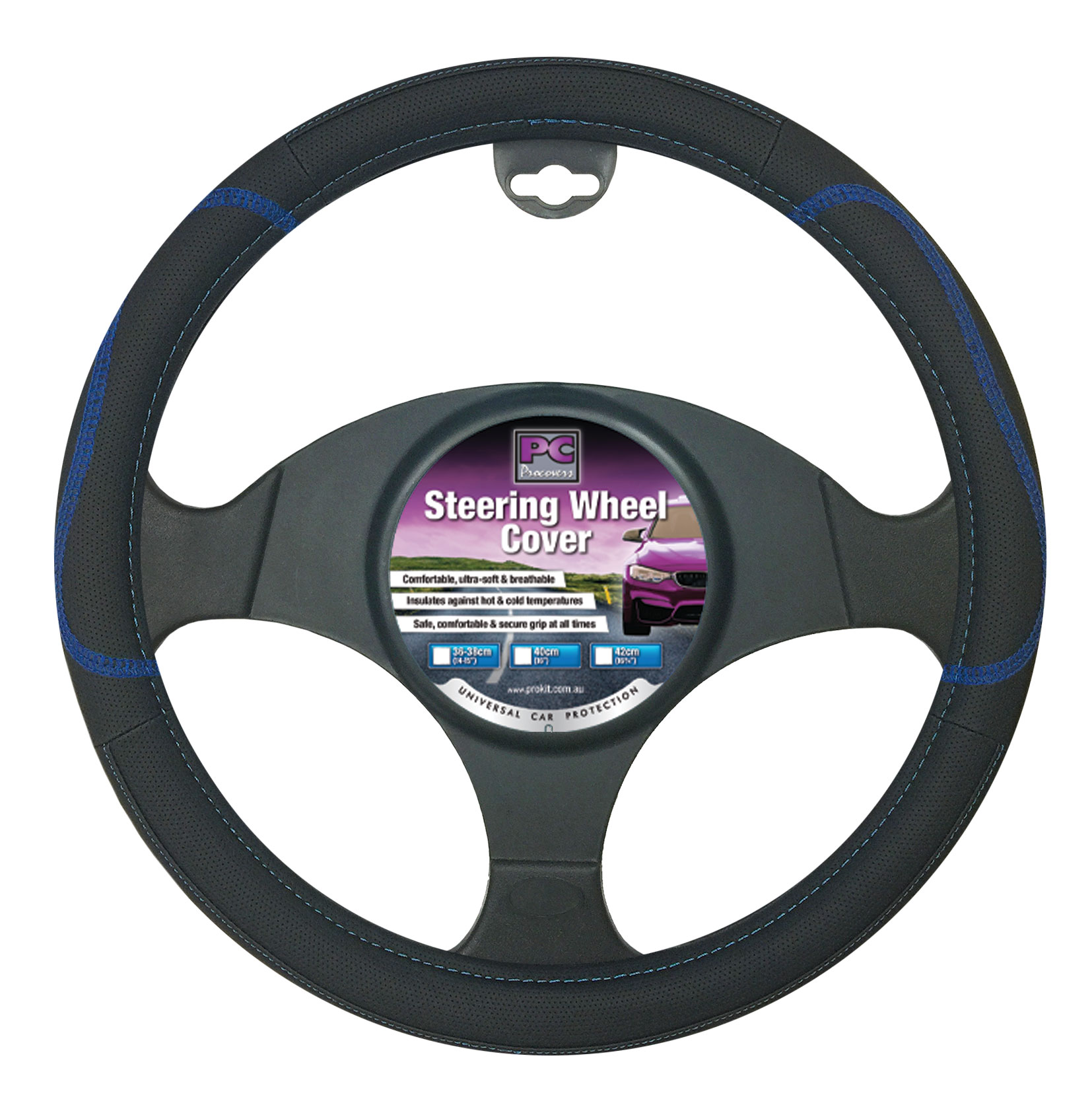 Breathable Black with Blue Embossing Steering Wheel Cover