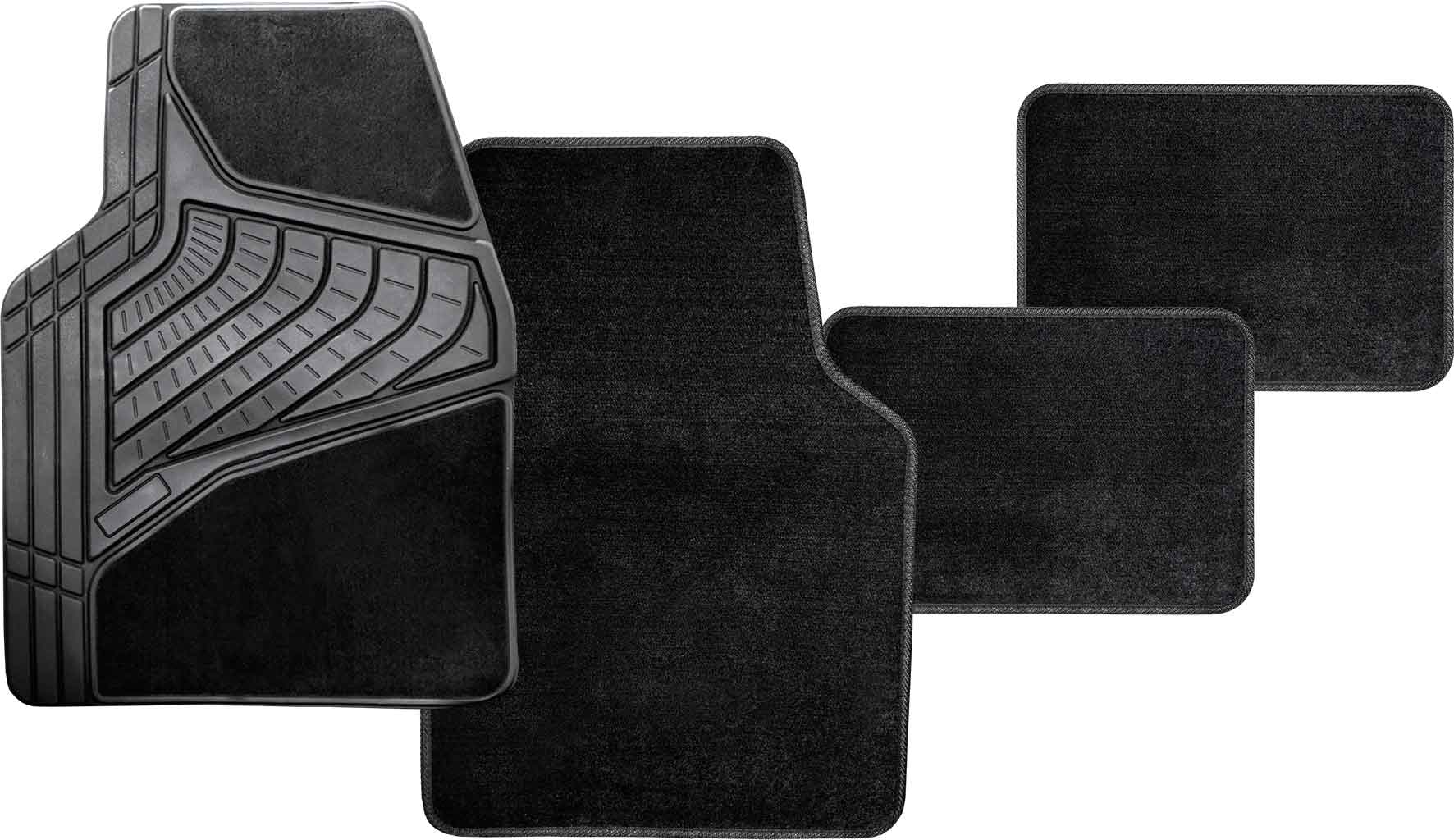 4pc Black Carpet & Rubber Mat Set with Velcro Positioning Tabs