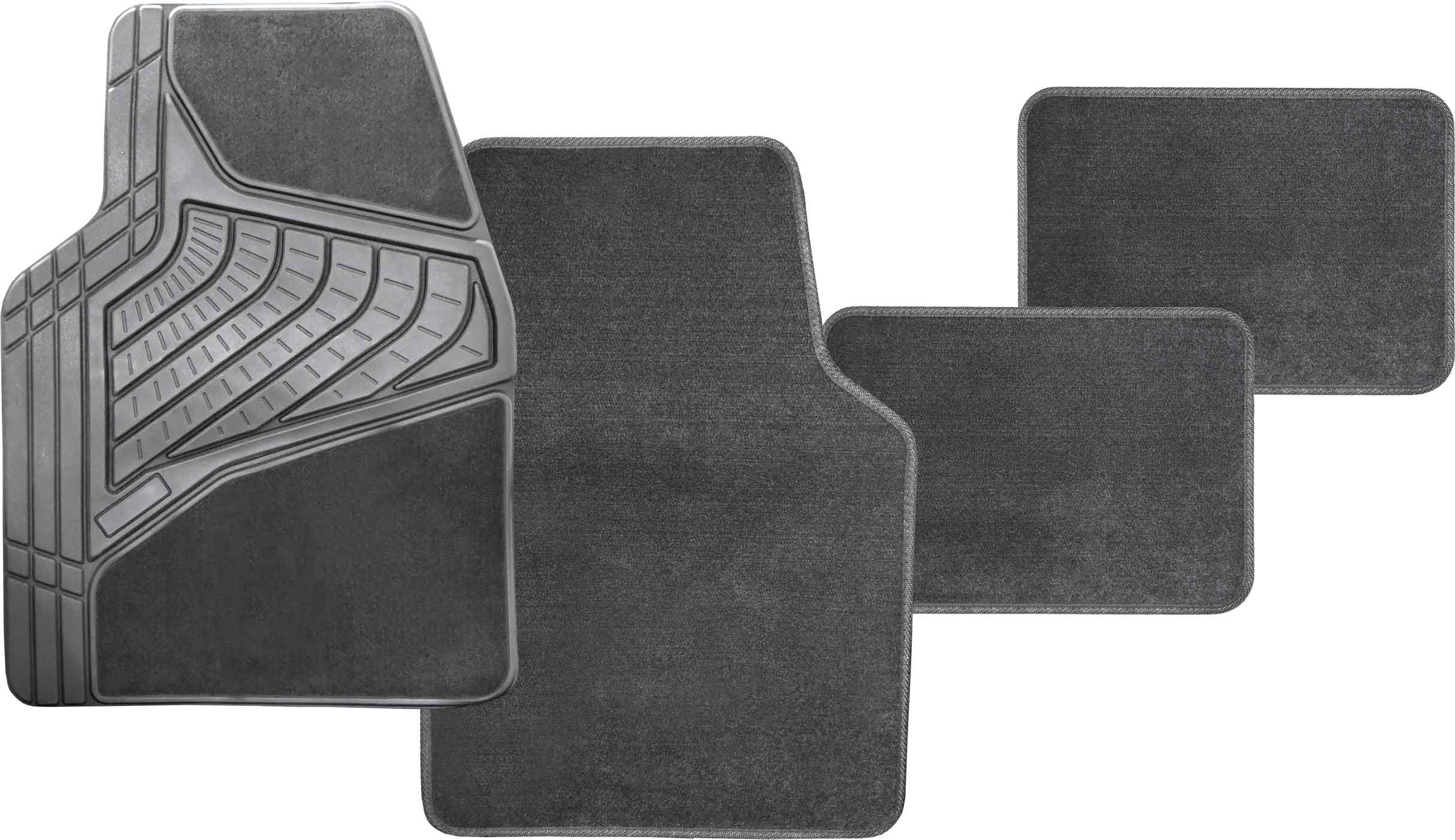 4pc Grey Carpet & Rubber Mat Set with Velcro Positioning Tabs