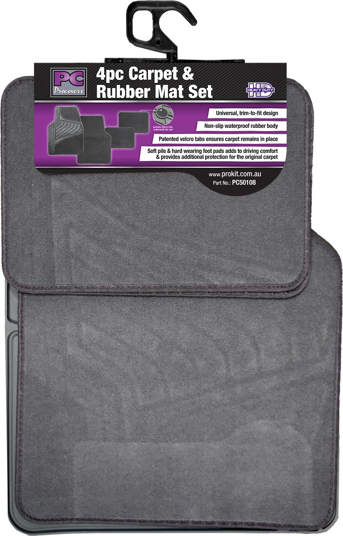 4pc Grey Carpet & Rubber Mat Set with Velcro Positioning Tabs