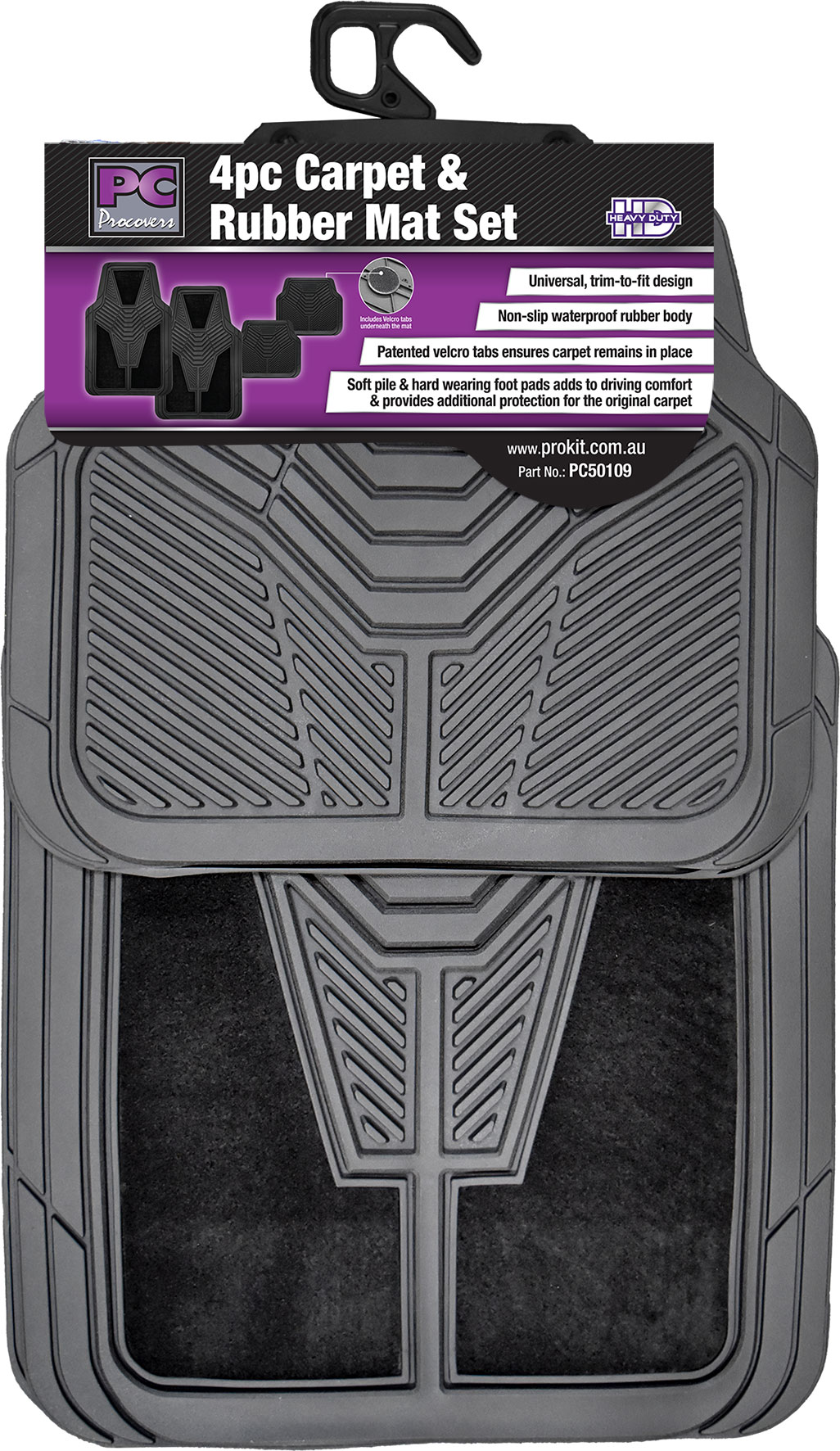 4pc Black Carpet & Rubber Mat Set with Velcro Positioning Tabs