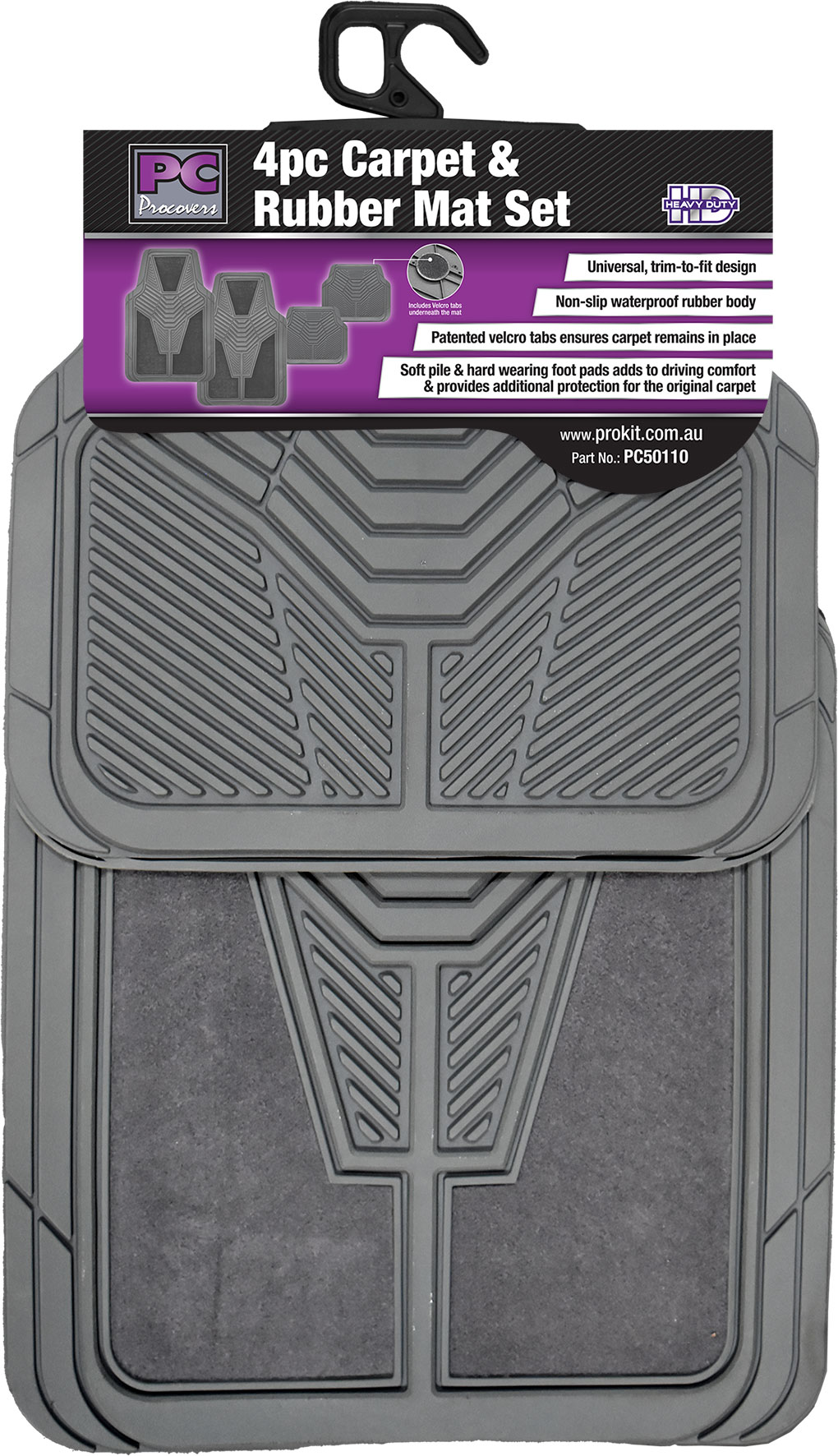 4pc Grey Carpet & Rubber Mat Set with Velcro Positioning Tabs