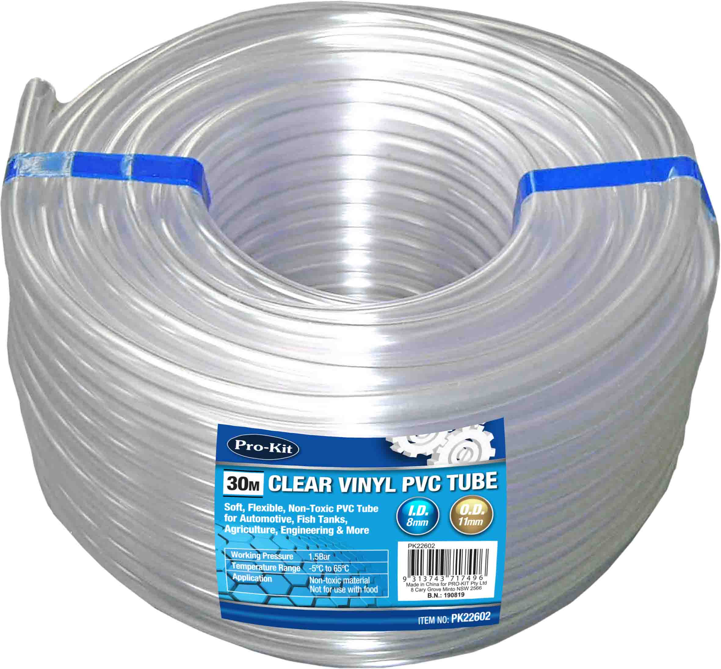 8mm ID x 11mm OD x 30M Clear PVC Tube