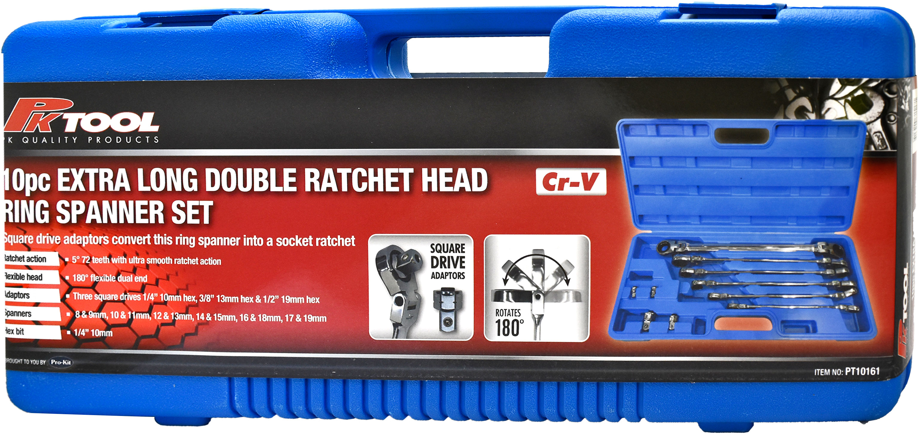 10pc EXTRA LONG DOUBLE RATCHET HEAD METRIC RING SPANNER SET