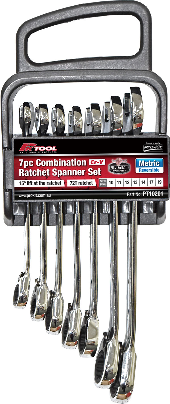 7pc Metric Cr-V 72 Teeth Reversible Ratchet Combination Spanner Set
