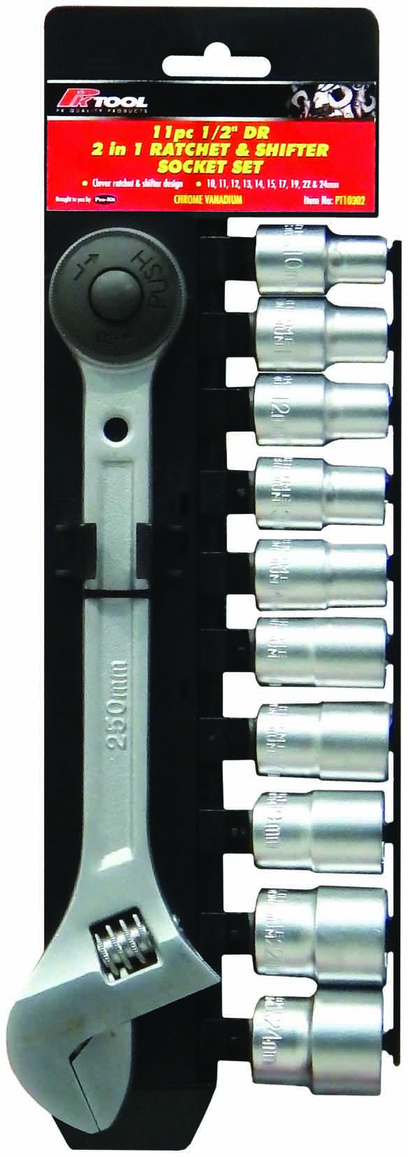 11pc 1/2” DR 250mm METRIC Cr-V RATCHET & SHIFTER SOCKET SET