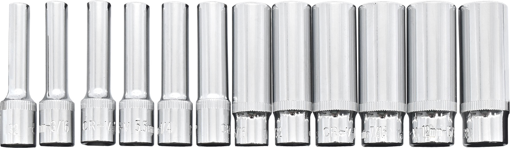 12pc 1/4″DR METRIC & SAE CR-V MULTI-DRIVE DEEP SOCKET SET