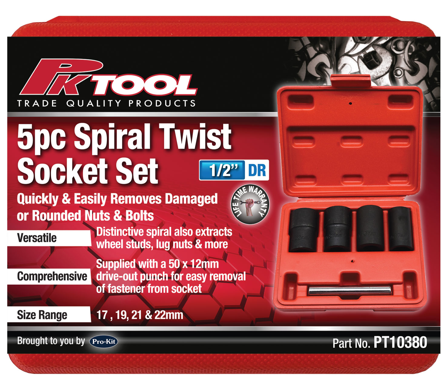 TWIST SOCKET SET – 5pc 1/2″DR SPIRAL DESIGN 17, 19, 21 & 22MM WITH PUNCH BAR