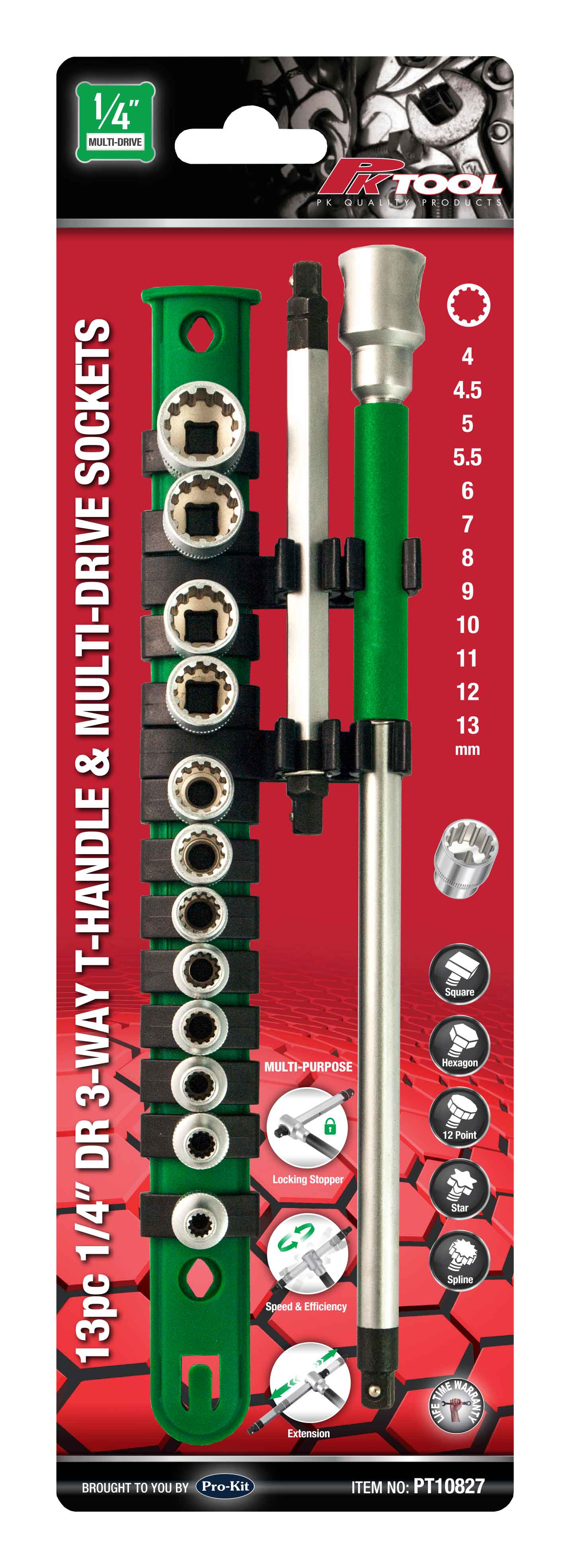 13pc 1/4”DR Cr-V SHORT TOOTH SOCKETS with 3-WAY T-HANDLE WRENCH SET