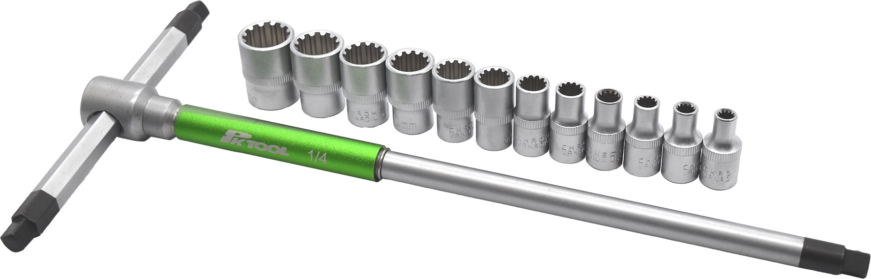 13pc 1/4”DR Cr-V SHORT TOOTH SOCKETS with 3-WAY T-HANDLE WRENCH SET