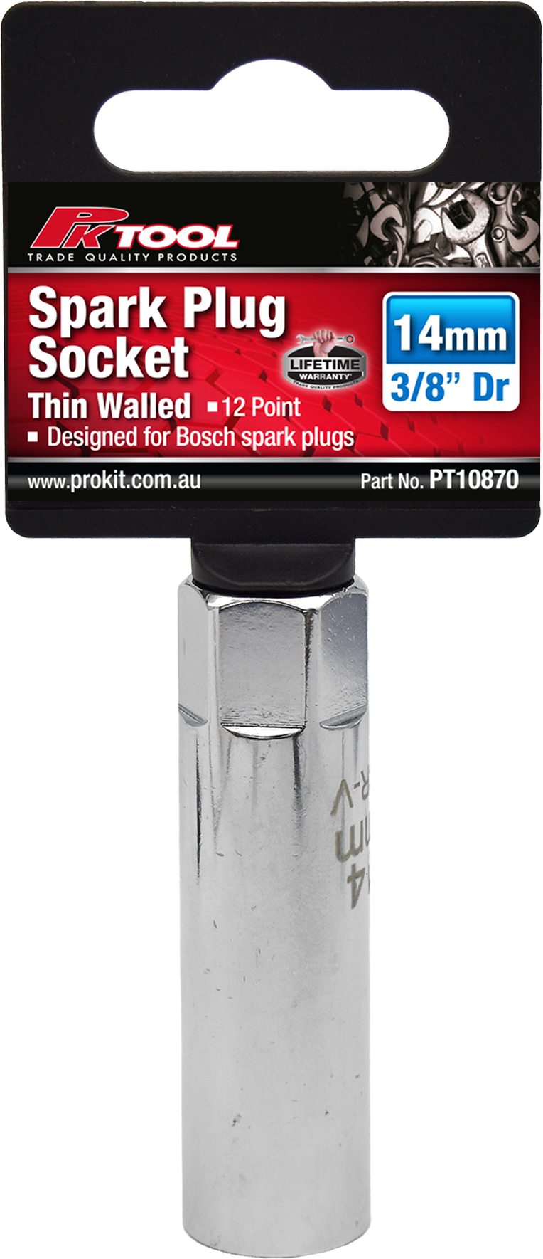 3/8” DRIVE 12PT Cr-V 14mm MINI THIN WALLED 65mm LONG SPARK PLUG SOCKET WITH SPRING CLIP PLUG HOLDER