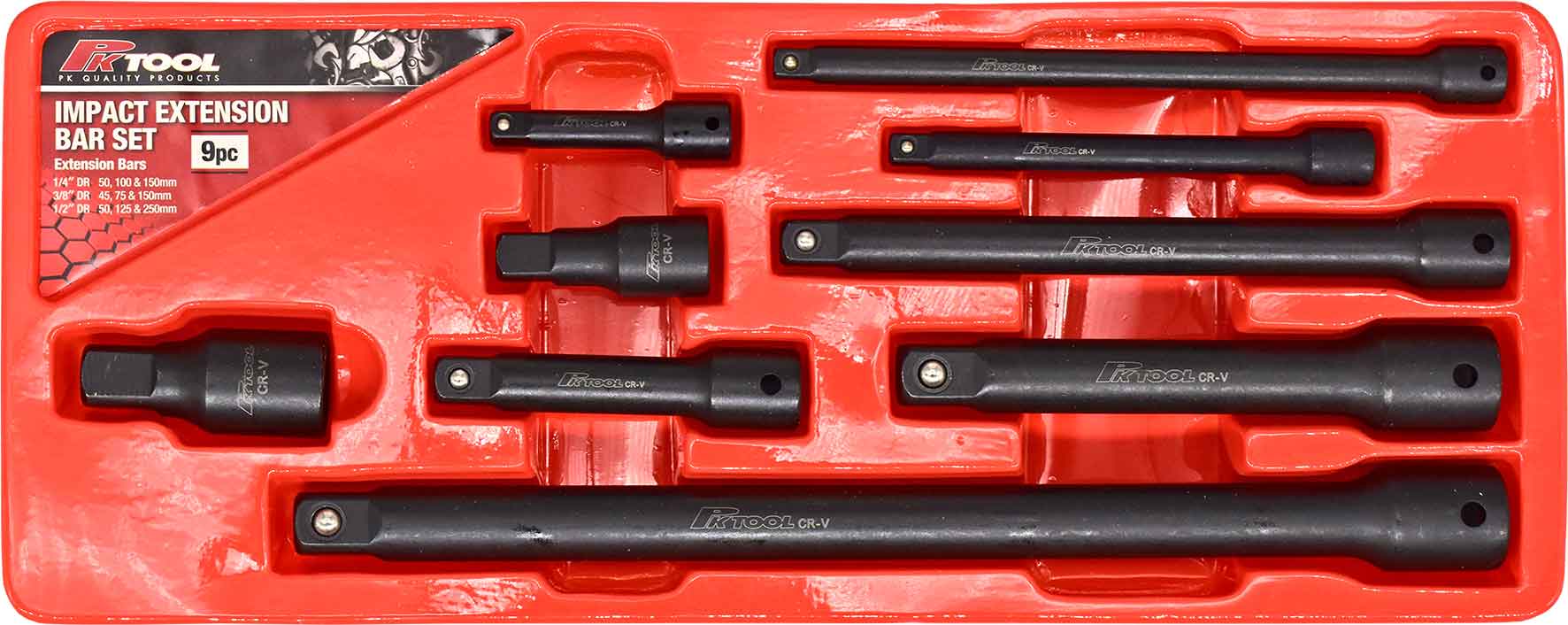 9pc 1/4″, 1/2″ & 3/8″ DR SOCKET EXTENSION SET