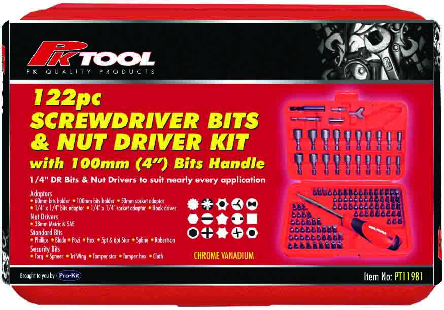 122pc 1/4” Hex Dr Combination Screwdriver Bits Set with 100mm Bit Handle