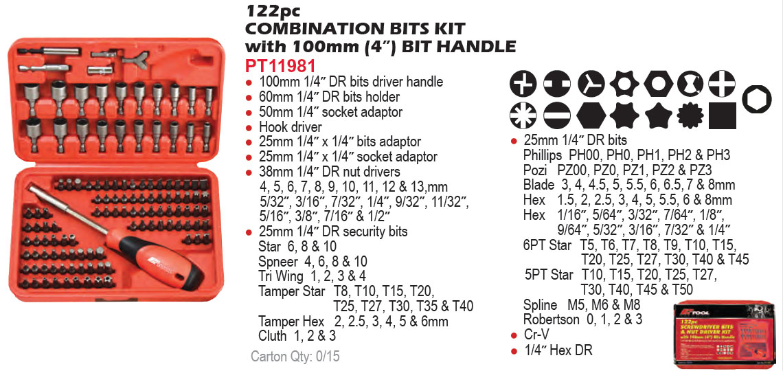 122pc 1/4” Hex Dr Combination Screwdriver Bits Set with 100mm Bit Handle