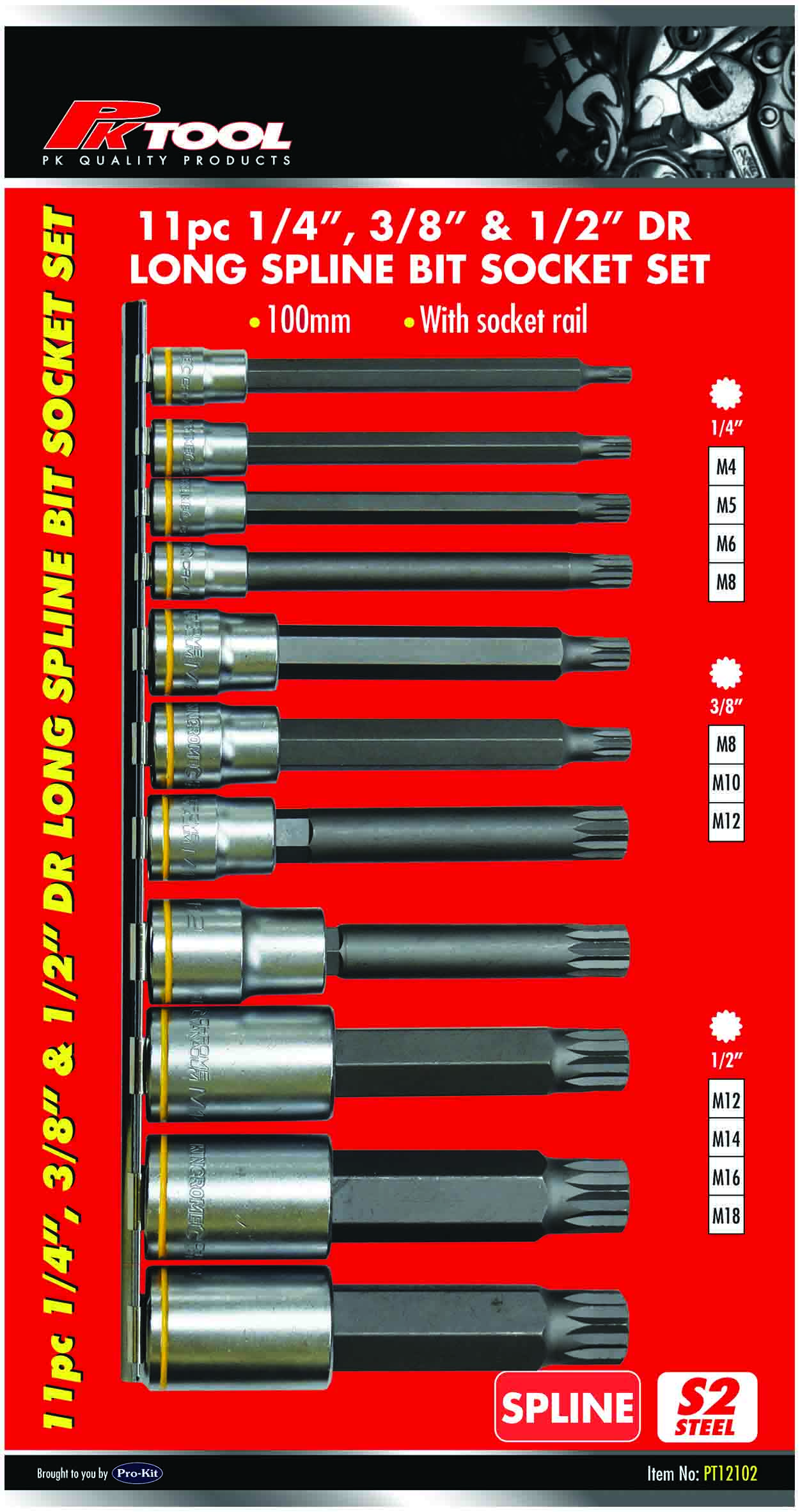 11pc 1/4”, 3/8” & 1/2” DR 100mm SPLINE BITS SOCKET SET