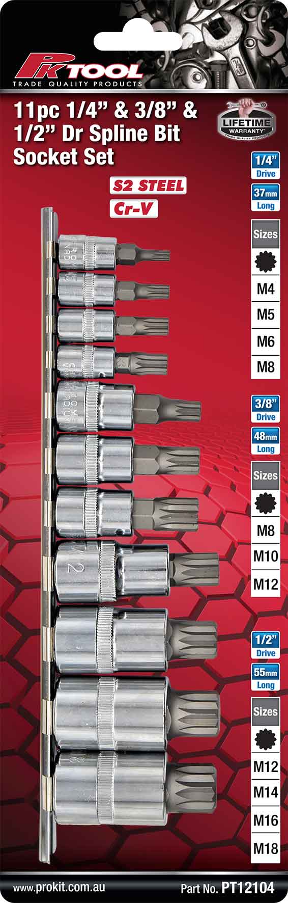 11pc 1/4”, 3/8” & 1/2” Dr Spline Bit Socket Set