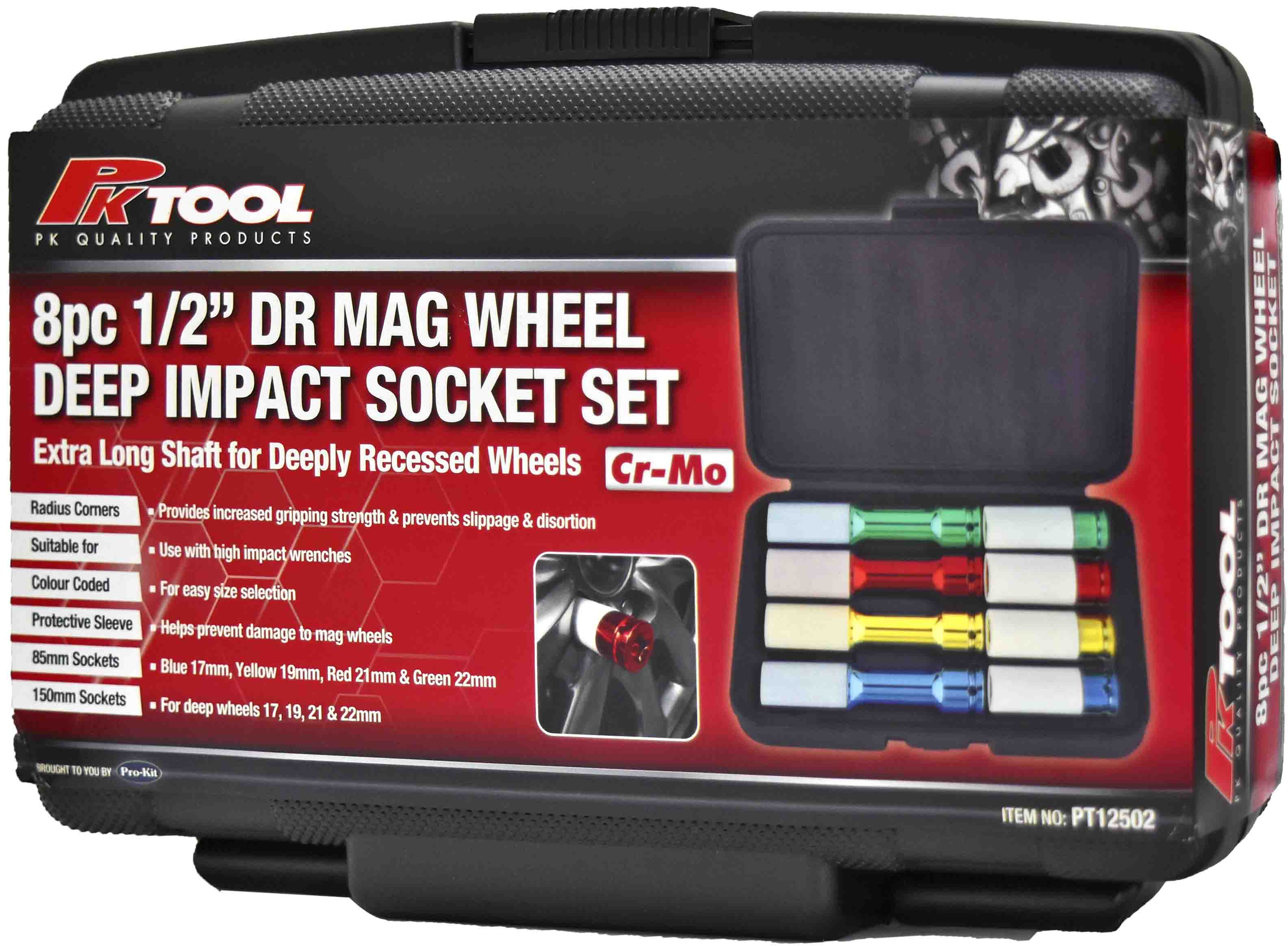 8pc 1/2” Dr Mag Wheel Cr-V Metric Deep Impact Socket Set