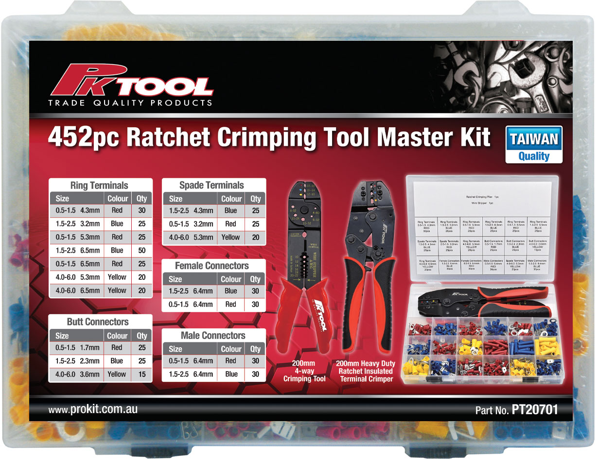 450pc Mixed Terminals Kit with Ratchet Crimping Plier & Wire Stripper