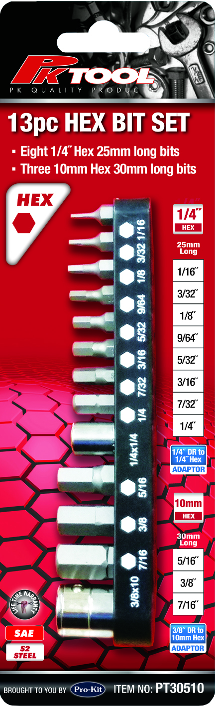 13pc 1/4” Dr & 10mm Hex SAE Hex Bits Set