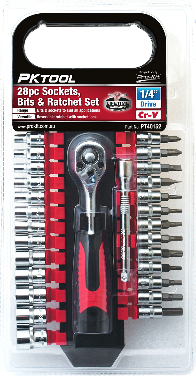 28pc 150mm 1/4” Dr Regular Socket, Screwdriver & Star Bit Socket & Ratchet Set