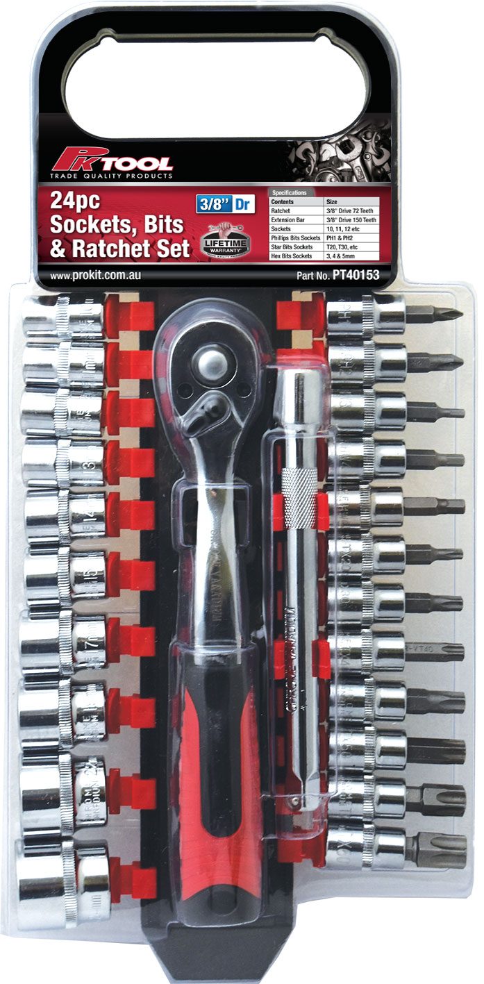 24pc 3/8” DR Cr-V 200mm REGULAR SOCKET, SCREWDRIVER, STAR & HEX BIT SOCKET & RATCHET SET