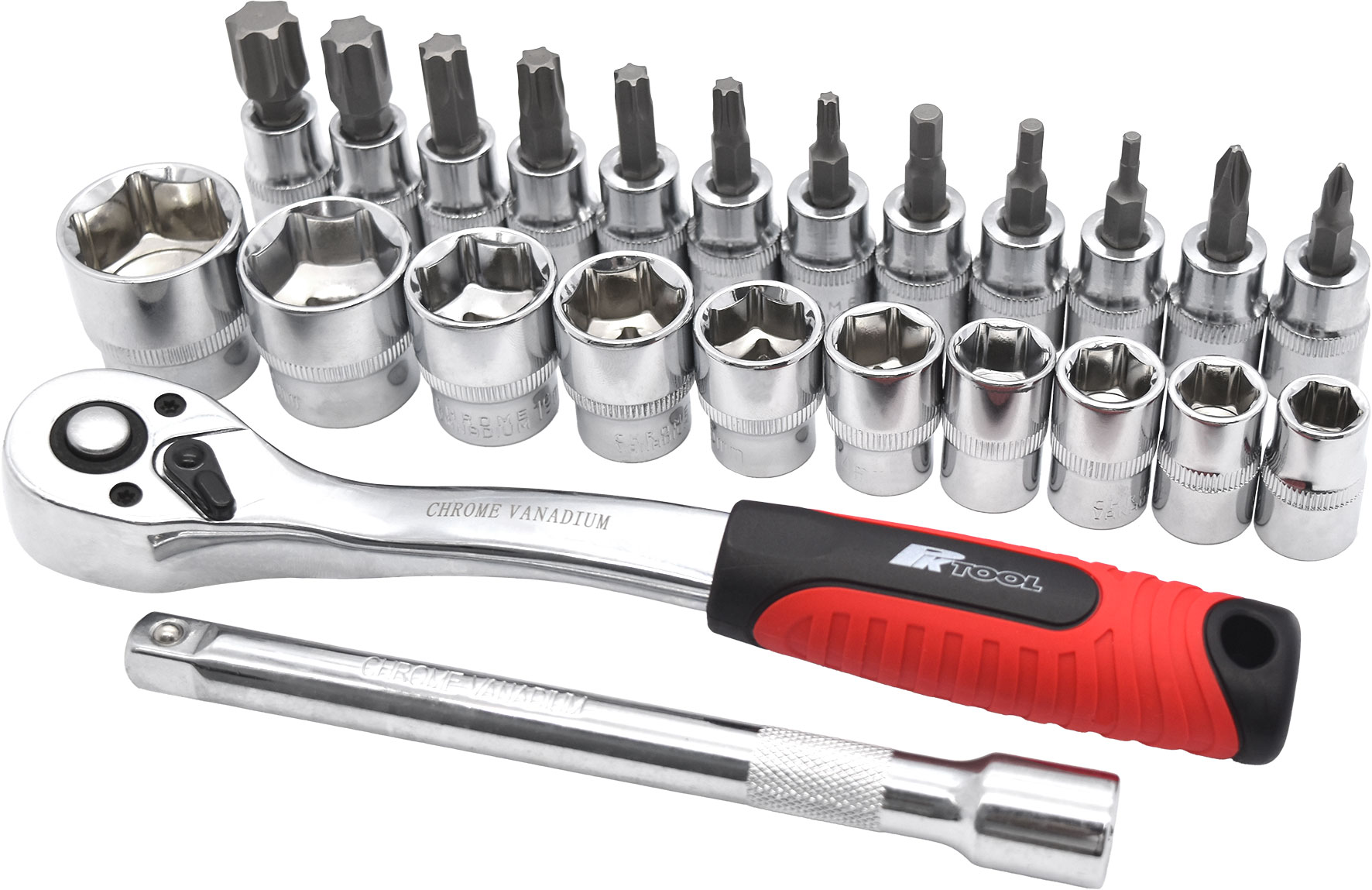 24pc 3/8” DR Cr-V 200mm REGULAR SOCKET, SCREWDRIVER, STAR & HEX BIT SOCKET & RATCHET SET